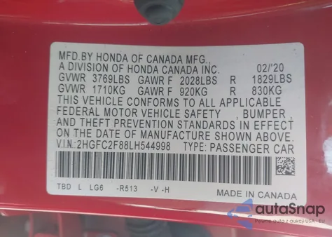 2020 Honda Civic Sport from USA, damaged, VIN 2HGFC2F88LH544998